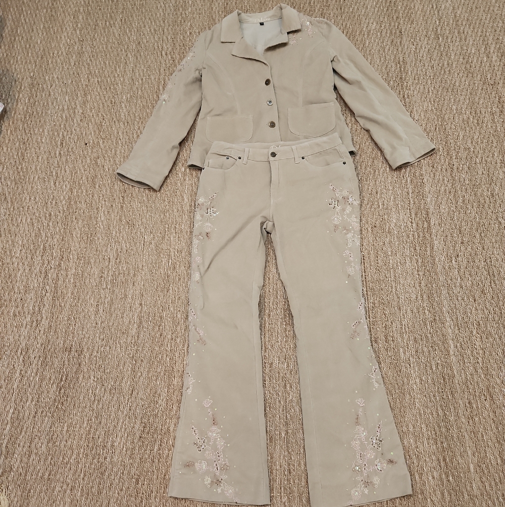 Deluxe Beige Embroidered Corduroy Blazer & Flared Pants Set Size L